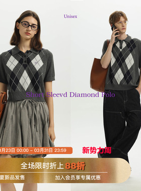 Unvesno(UN)格雷风复古学院菱格纹刺绣针织POLO短袖秋季