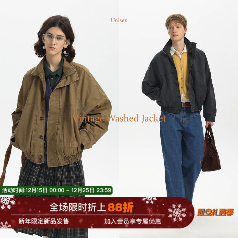 Unvesno(UN)25秋冬水洗做旧保暖御寒秋季复古工装立领夹克外套