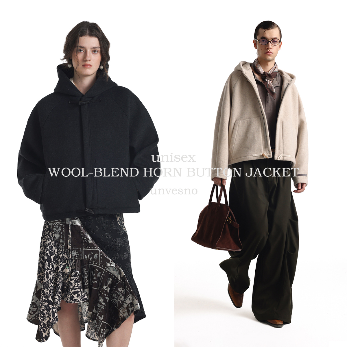 【40%羊毛】Unvesno(UN)老钱风短款廓形重磅混纺牛角扣连帽外套