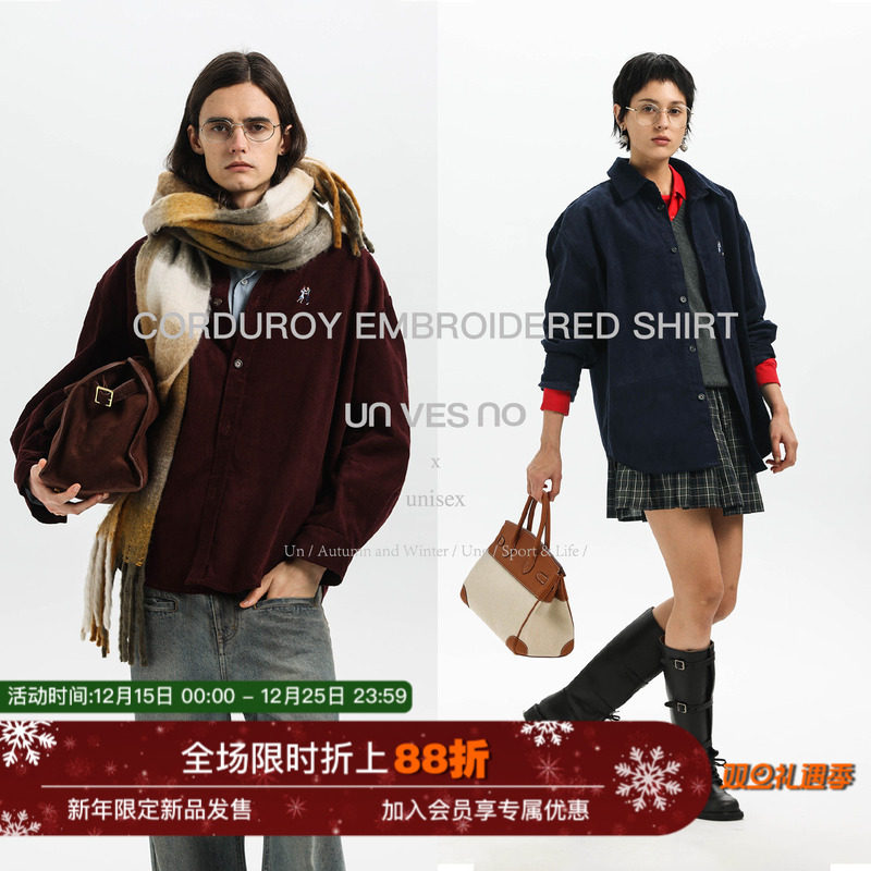 Unvesno(UN)「新年限定」Vintage复古灯芯绒双人跳舞刺绣挺括衬衫