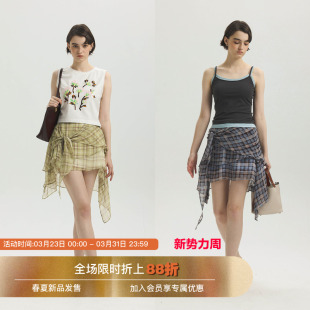 Unvesno vintage立体剪裁叠穿不规则系带格纹半裙 多穿叠穿