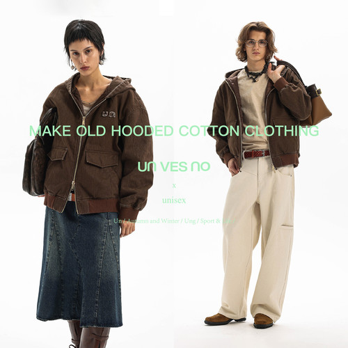 【洗褪工艺】Unvesno(UN)miu系巴恩风复古做旧刺绣连帽棉服夹克