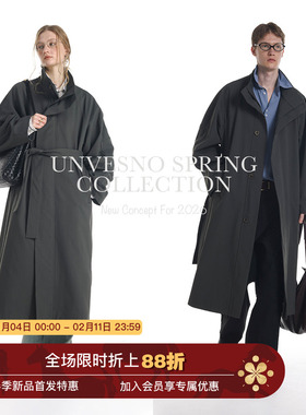 【极简直线结构】Unvesno(UN)墨灰老钱Row风廓形立领长款风衣夹克