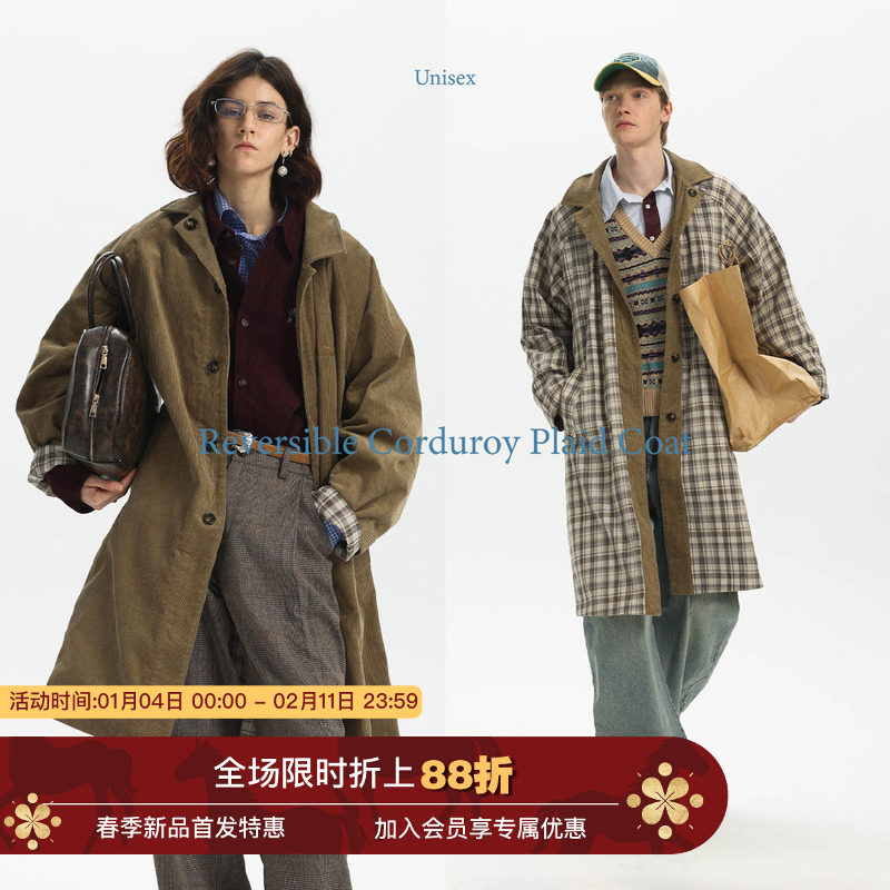 Unvesno(UN)秋季复古水洗灯芯绒格纹双面穿慵懒长风衣休闲厚外套