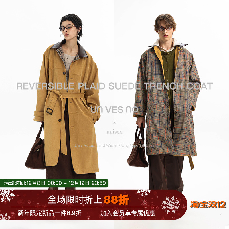 【双面穿】Unvesno(UN) 中古复古定制格纹单排扣麂皮廓形风衣大衣