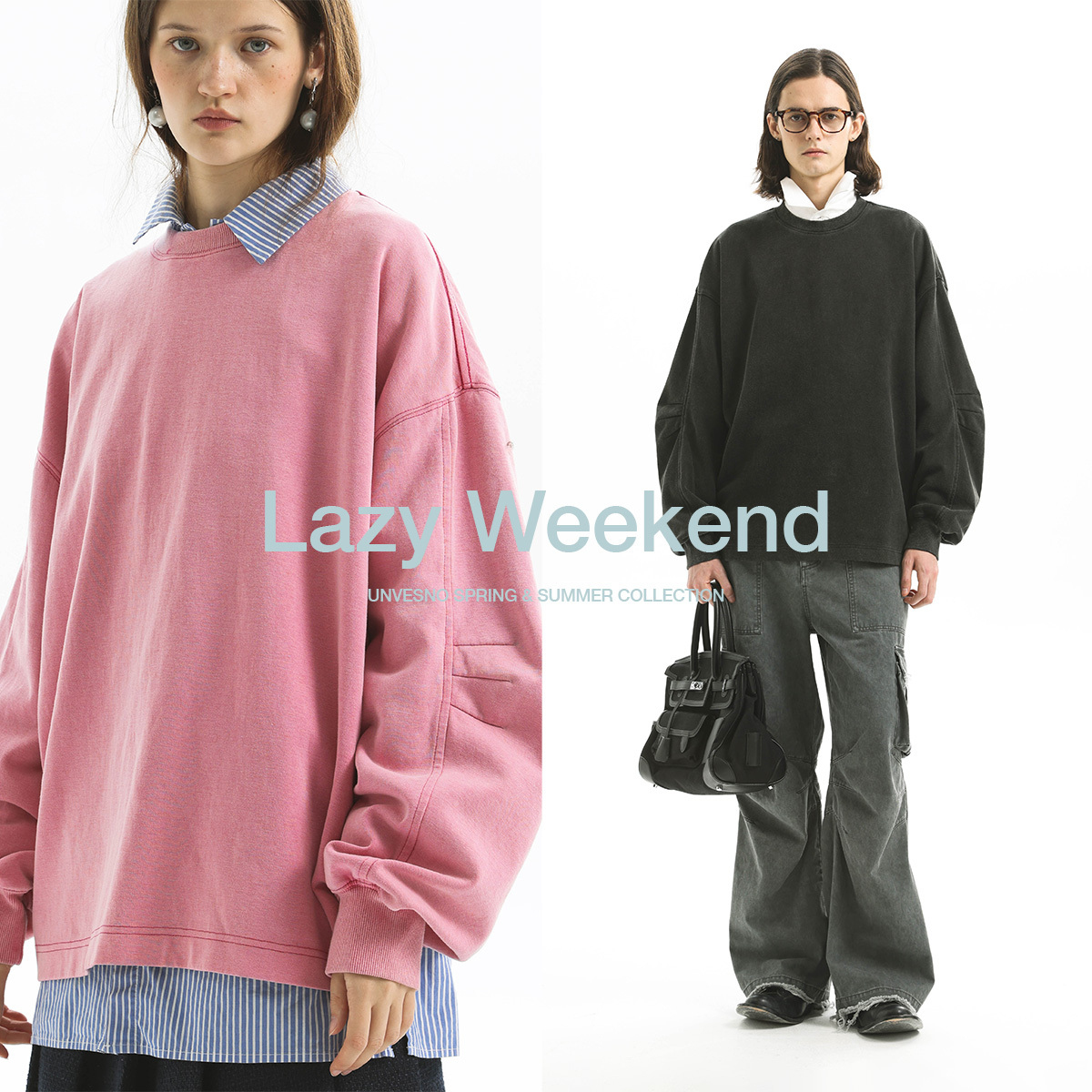 Unvesno (UN)300G双面棉打折弧形袖水洗做旧基础纯色秋季长袖T恤