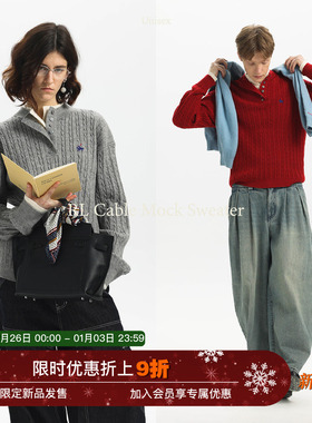 汪铎同款Unvesno(UN)假两件亨利领拉夫马标绞花刺绣POLO针织衫秋