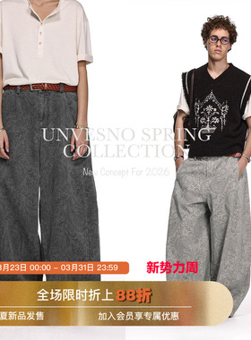 【水洗做旧】Unvesno(UN)定制复古腰果花牛仔灯笼弯刀长裤