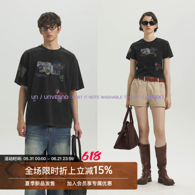 【复古洗水工艺】Unvesno(UN)磨破工艺标签拼贴印花情侣款T恤