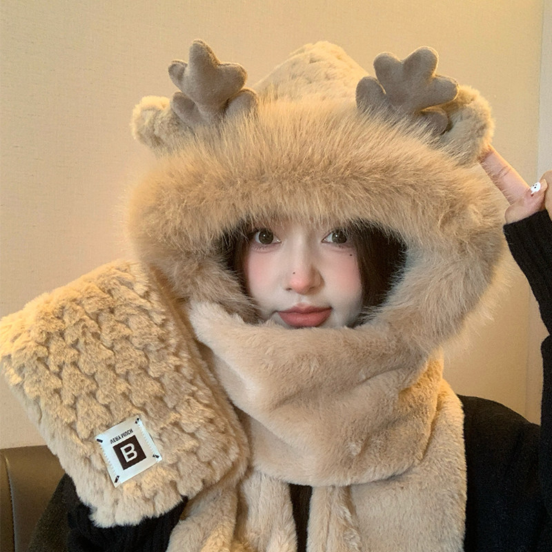 咖色圣诞鹿角帽子女款秋冬季毛绒围巾手套一体连帽保暖围脖三件套