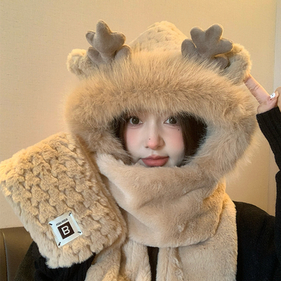 咖色圣诞鹿角帽子女款秋冬季毛绒围巾手套一体连帽保暖围脖三件套