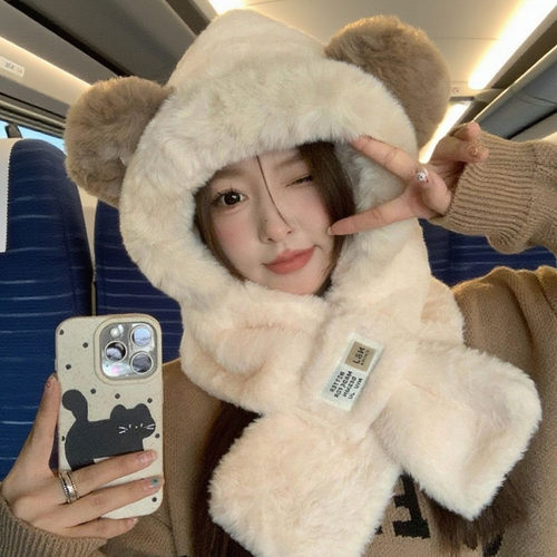 虞书欣骑车保暖护耳帽子围巾一体两件套冬季加厚雷锋帽女秋冬围脖