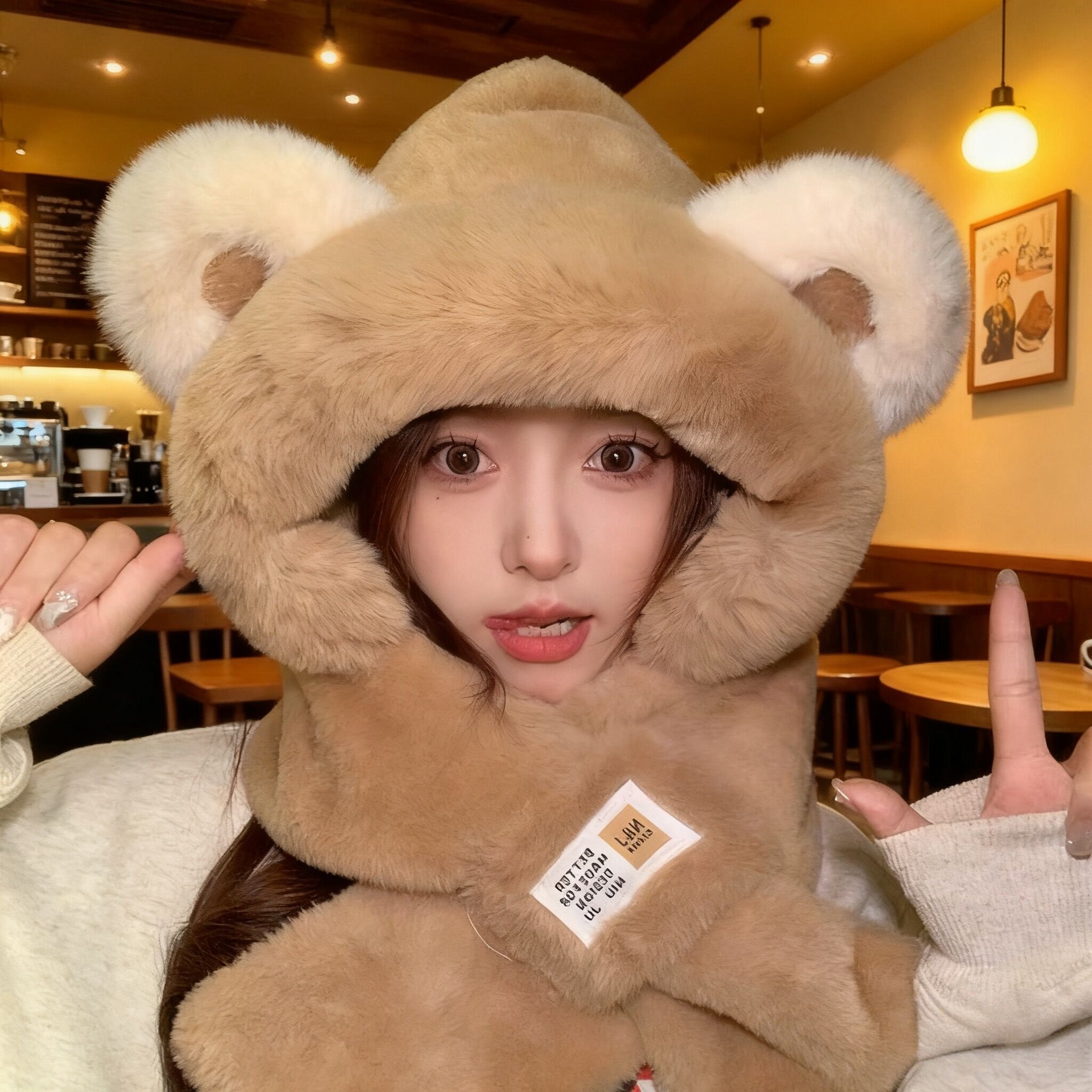 小熊耳朵帽子围巾一体女冬季保暖百搭防风加绒加厚毛绒围脖雷锋帽