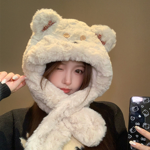 毛绒保暖护耳帽子围巾一体两件套加厚耳朵防寒雷锋帽女秋冬季围脖