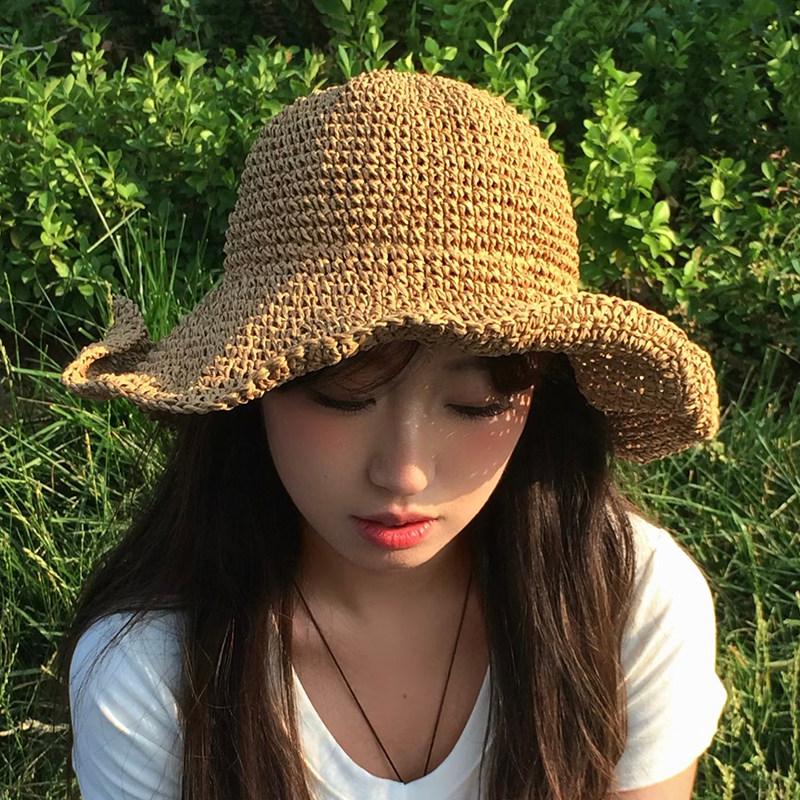纯色卡其草帽子女春夏季新款遮阳防晒海边沙滩出游度假编织渔夫帽