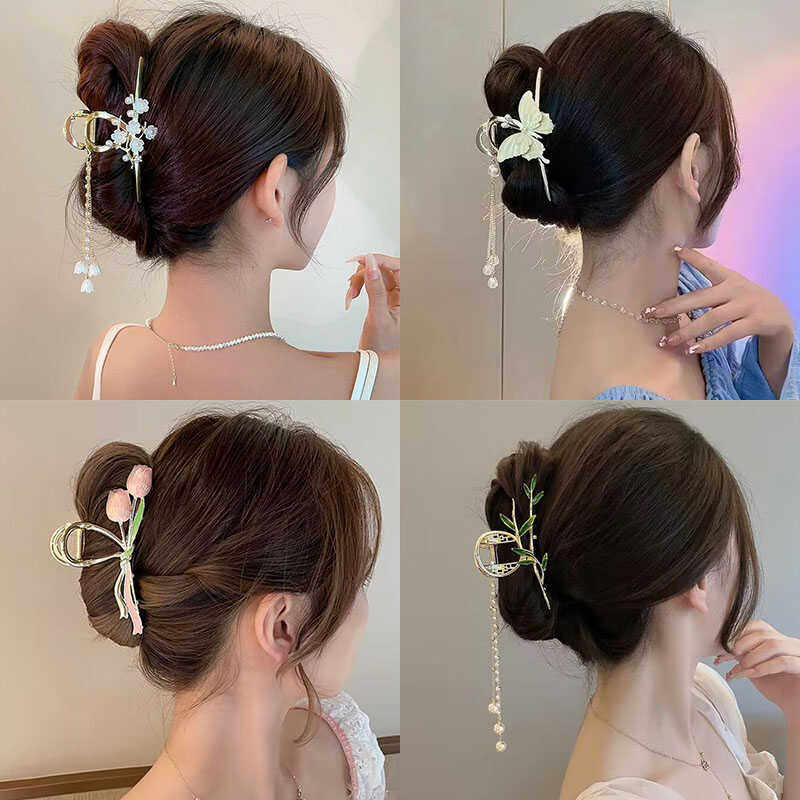 超仙古风蝴蝶山茶流苏发夹后脑勺盘发抓夹高级感鲨鱼夹子头饰新款图片