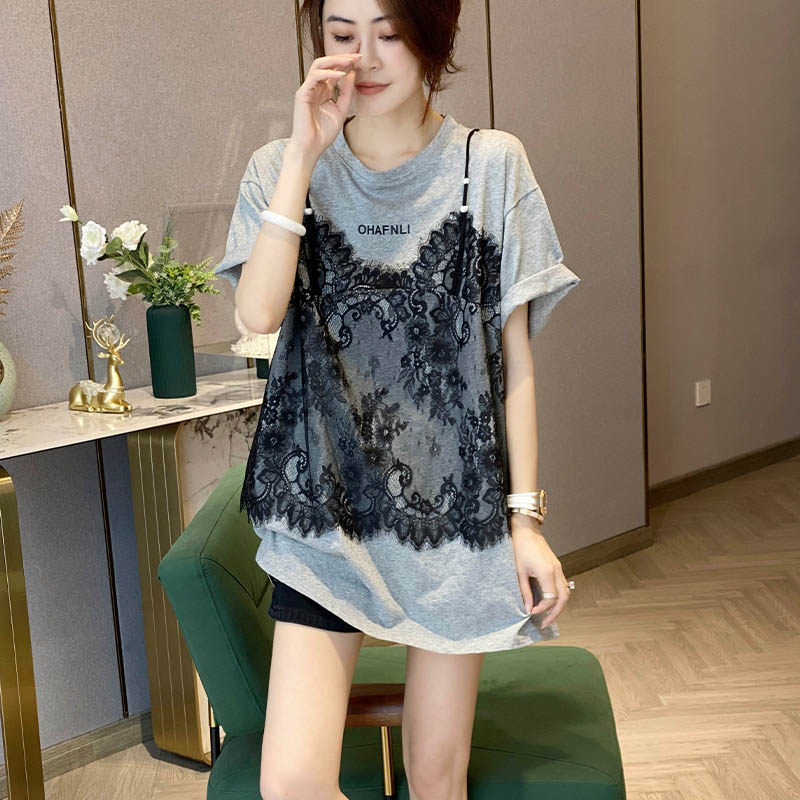 假两件拼接蕾丝短袖女洋气中长款灰色T恤衫夏季2023年新款欧洲站