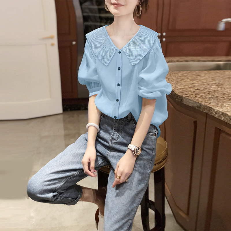 蓝色雪纺衬衫女设计感小众减龄娃娃领上衣休闲夏季2022新款欧洲站