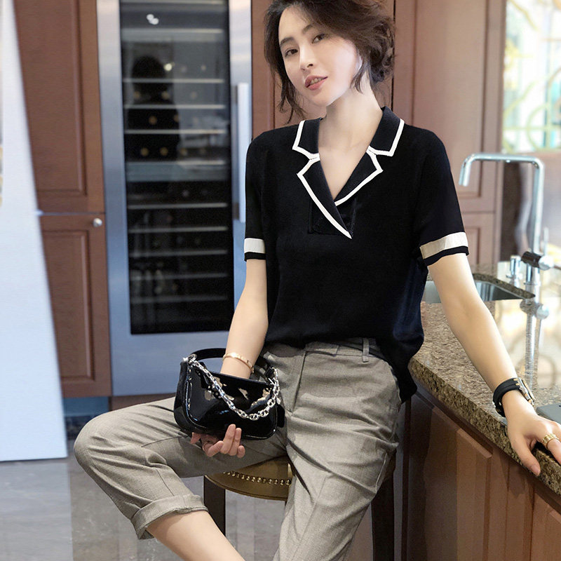 V领黑色短袖衬衫女小个子宽松显瘦小衫上衣2022春夏季新款欧洲站