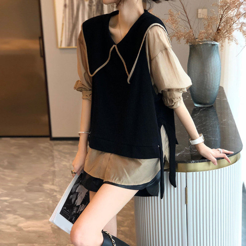洋气娃娃领假两件衬衫女设计感休闲拼接上衣春秋2022年新款欧洲站