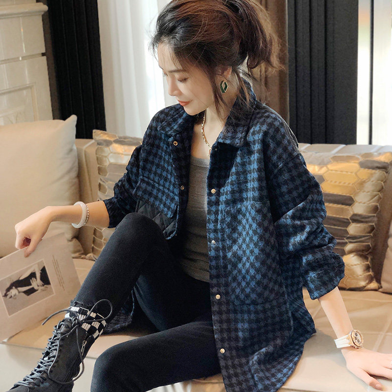 磨毛加厚格子衬衫女洋气设计感休闲打底上衣2022年春秋新款欧洲站