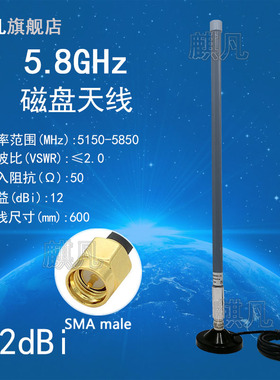 5.8G全向室外wifi基站覆盖5G5.9G无人机5150-5950M高增益12dbi图传AP物联网驾考车载强磁吸盘玻璃钢防水天线