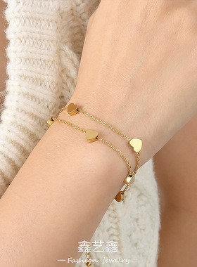 欧美ins风小清新爱心双层叠戴手链跨境时尚简约饰品不锈钢镀18k金