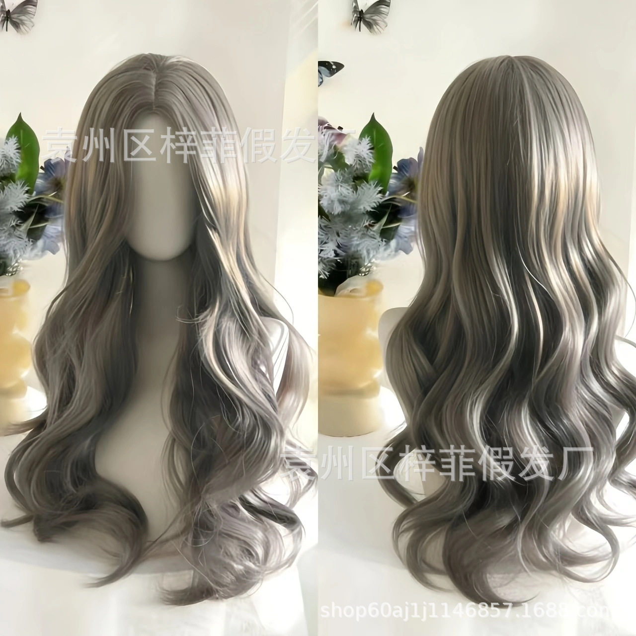 跨境热销假发女时尚中分刘海长卷发全头套灰色长发大波浪欧美热卖
