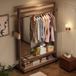 实木落地衣帽架卧室客厅收纳挂衣架带镜子储物可移动多功能衣服架