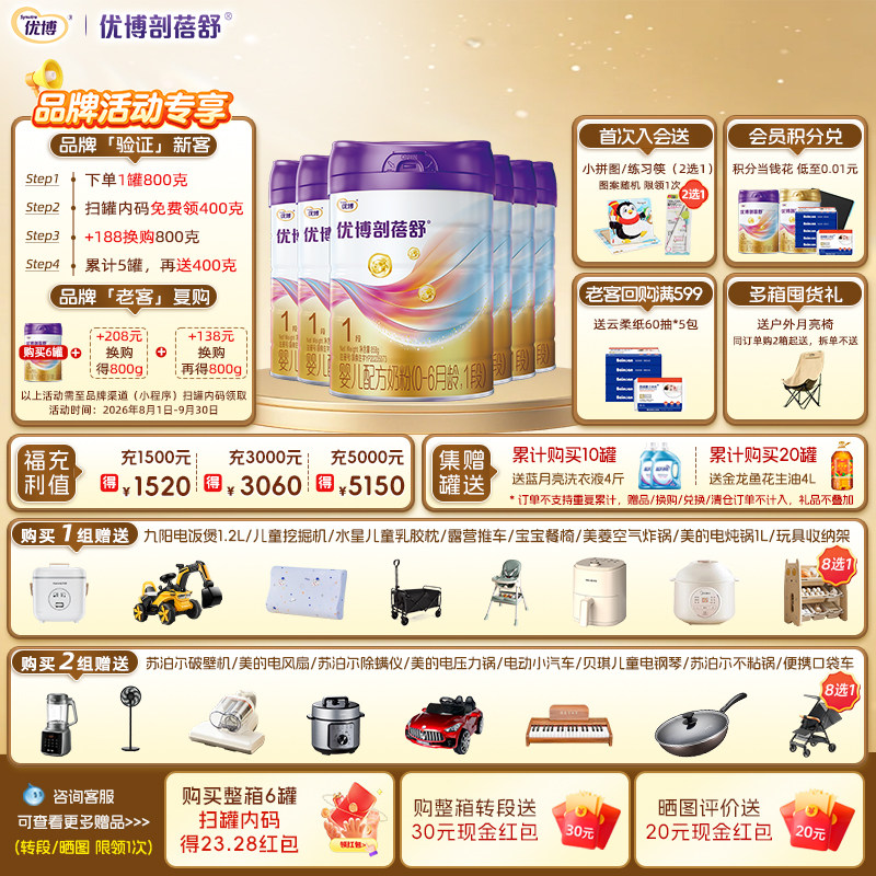 【会员专享】圣元优博剖蓓舒1段婴幼儿奶粉法国奶源800g6罐新生儿