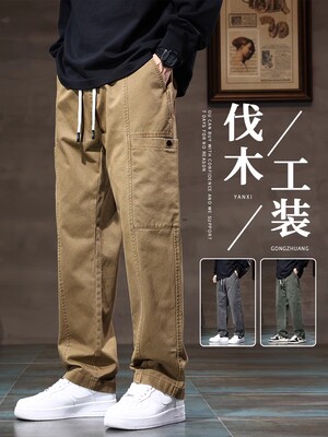 卡其色伐木工装裤男生潮牌秋冬加绒美式高街宽松直筒阔腿休闲裤子