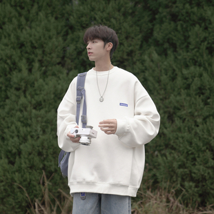 外套上衣 ins情侣款 E2023秋冬加绒男士 厚T恤圆领宽松百搭套头衫