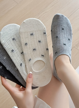 灰色蝴蝶结袜子女夏季薄款透气防臭船袜低帮浅口短袜不掉跟隐形袜