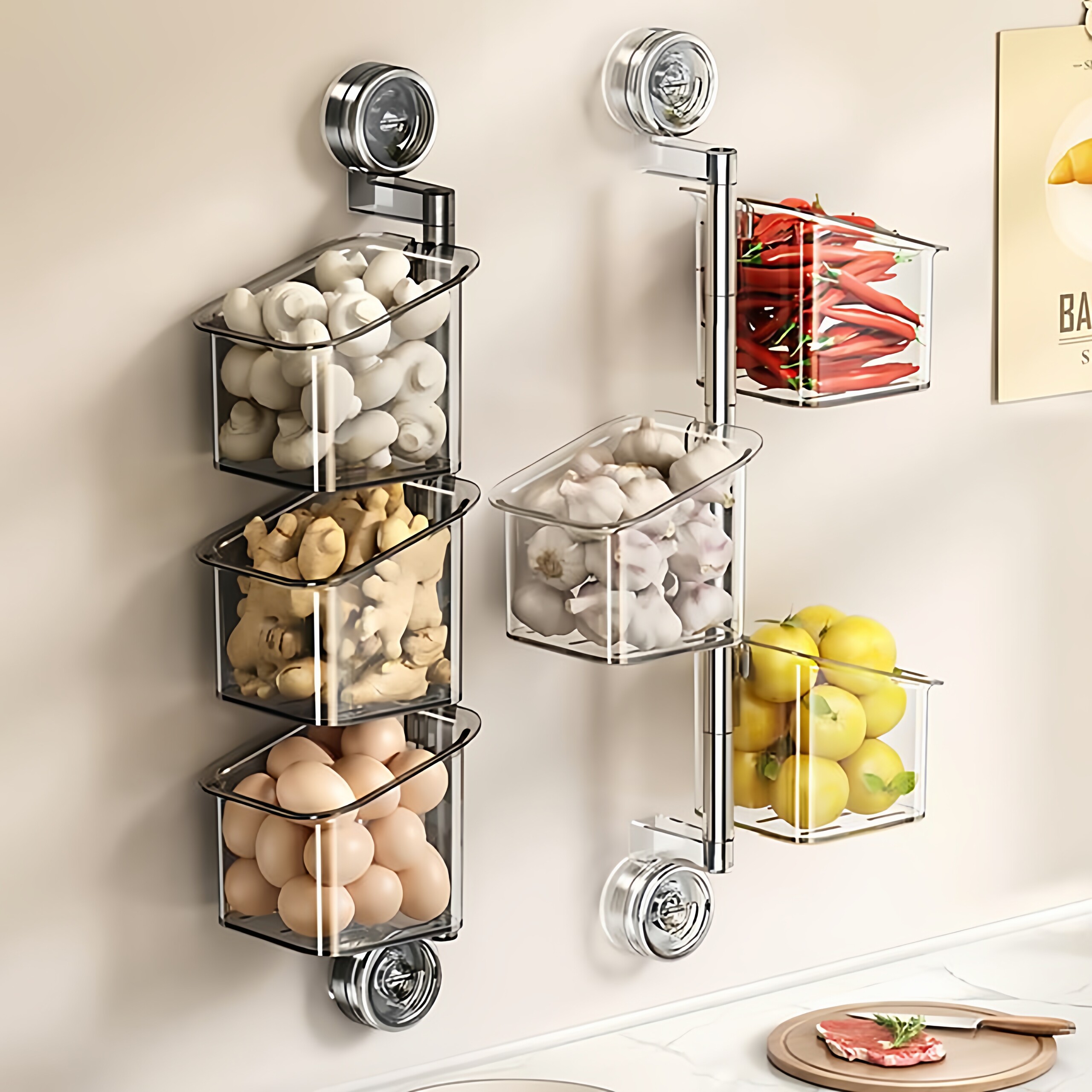 厨房吸盘置物架免打孔葱姜蒜收纳盒子2025新款壁式挂旋转收纳神器