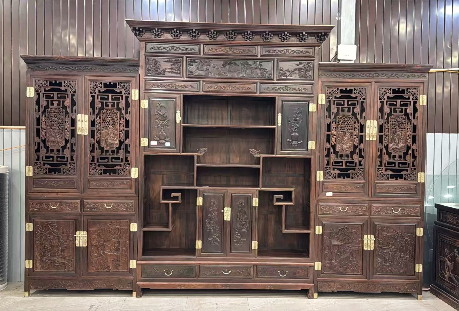 大红酸枝皇冠雕花鸟三组合书柜交趾黄檀中式书橱博古架明清家具