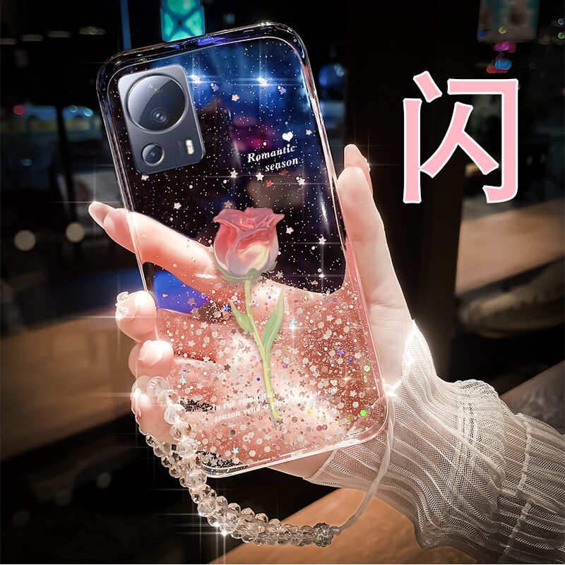 透明滴胶爆闪玫瑰适用小米Civi手机壳女生Civi2新款1s曲面屏13Pro硅胶软壳Mix4防摔12ultra红米note11tpro潮