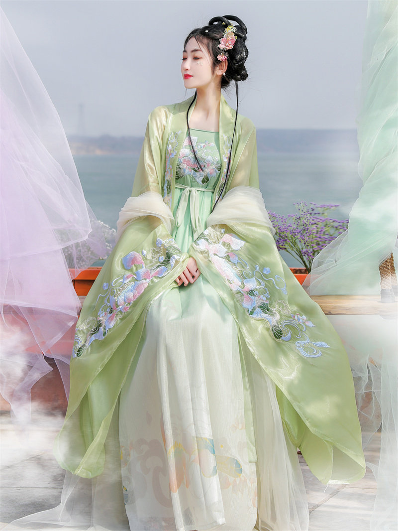 당나라 HANFU 여성 MYROBALAN 치마 봄과 여름 국립 스타일 대형 소매 셔츠 원래 고대 의상 슈퍼 불멸의 넓은 소매 불멸의 가슴 길이 스커트