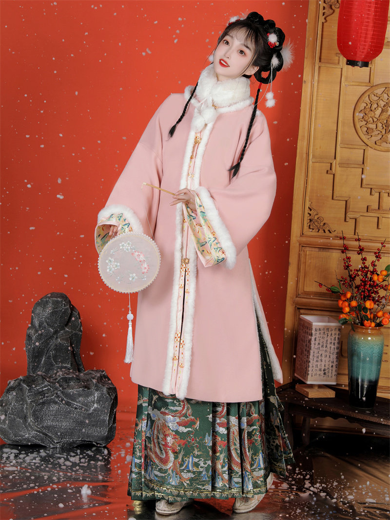 새로운 명나라 HANFU 여성의 가을 겨울 스타일 말 얼굴 치마 라운드 넥 더블 브레스트 롱 코트 국가 스타일 요소 고대 의상 일일 세트