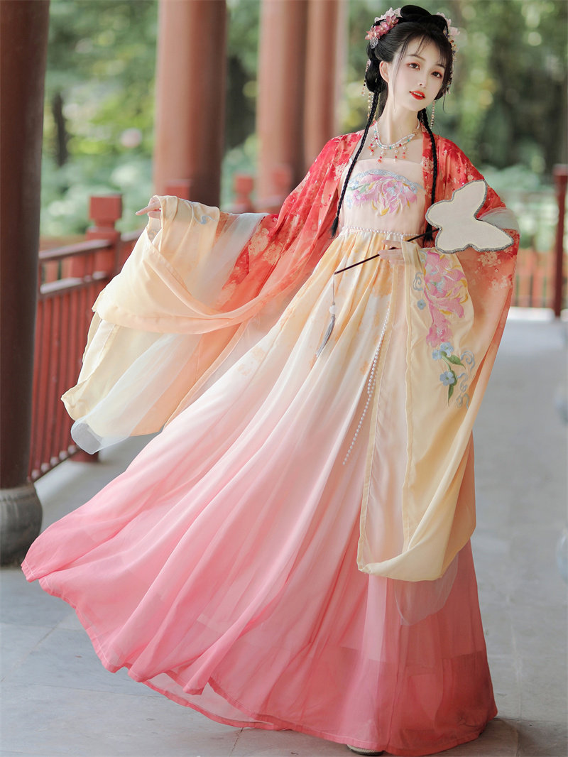 당나라 HANFU 여성 여름 요정 MYROBALAN 치마 중국 스타일 요소 중공업 자수 대형 소매 셔츠 일일 고대 의상 완료 세트
