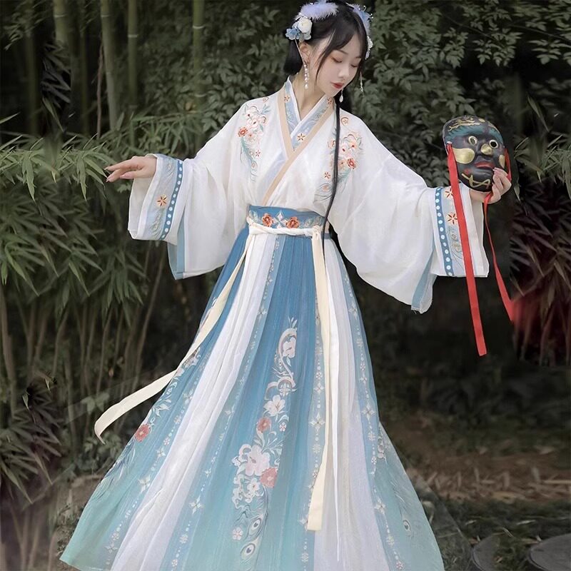 HANFU 여성의 원래 정통 중국 스타일 자수 크로스 칼라 허리 길이 스커트 웨이와 진 왕조 봄과 가을 새로운 일상 의상