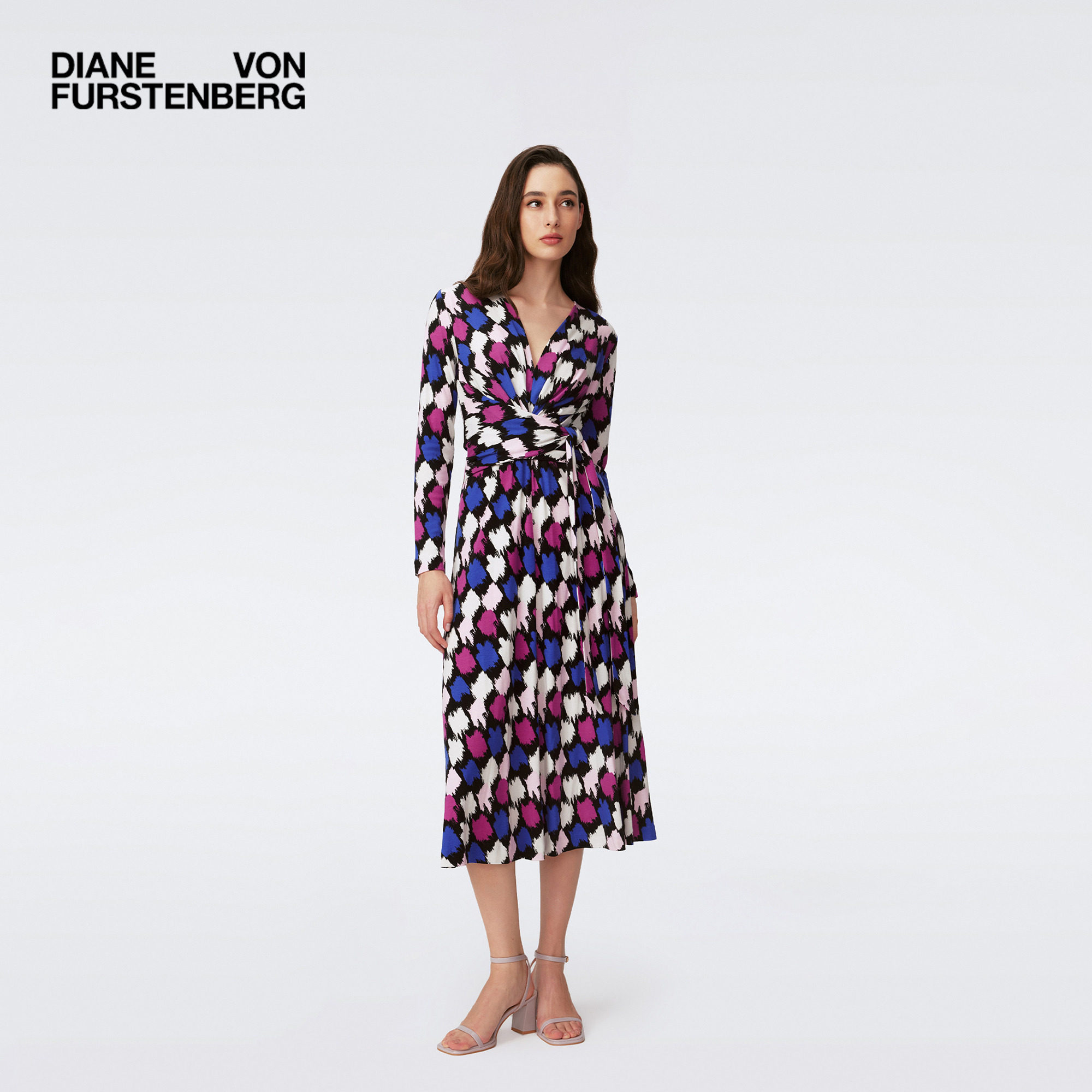 DVF V领粉紫色艺术笔刷图案天丝羊毛中长款轻薄连衣裙DW4S010