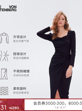 [小黑裙]DVF气质曜石黑复古方领轻礼服宴会连衣裙MR64E00