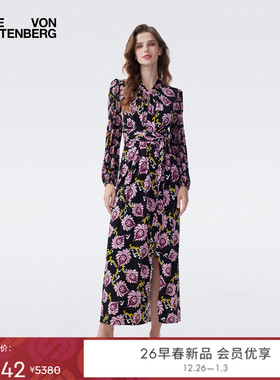 [哑光针织]DVF2026早春度假系列黑紫色绽放花朵领连衣裙DL4T006