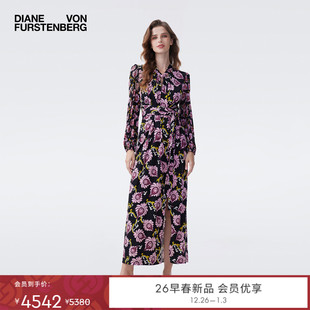 DVF2026早春度假系列黑紫色绽放花朵领连衣裙DL4T006 哑光针织