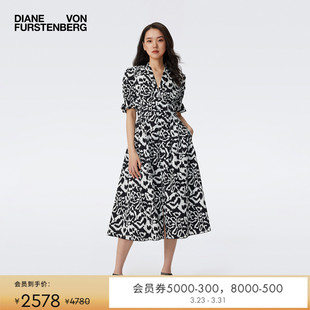 连衣裙DS1T022 短袖 DVF V领茶歇裙复古艺术印花斑马纹图案泡泡袖