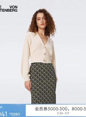 DVF 羊毛奶油白短款纯色针织开衫外套WC3S002