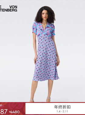 DVF2025秋季新款度假香芋紫莓果图案V领短袖茶歇裙DS2T014