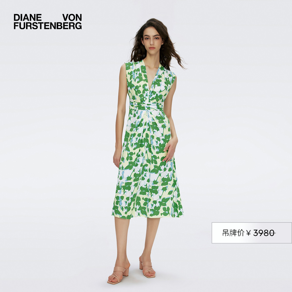 DVF春意绿大地花卉V领连衣裙