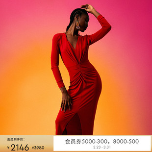 DVF魅惑红纯色V领收腰修身 礼服连衣裙MR83E00 针织拼网纱长袖