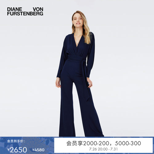DVF午夜蓝V领阔腿裤连体裤